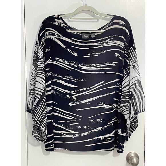 Chico's Travelers Blouse Large Black White Liquid Knit Sheer Sleeves Artsy Twee - Picture 1 of 5